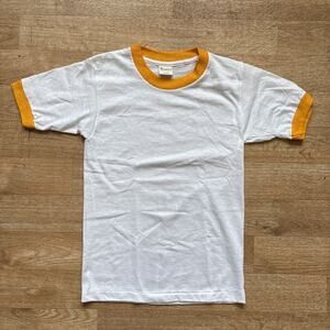 Deadstock 70s 80s Mayo Spruce Ringer T Shirt 50/50 Youth L White Yellow Blank